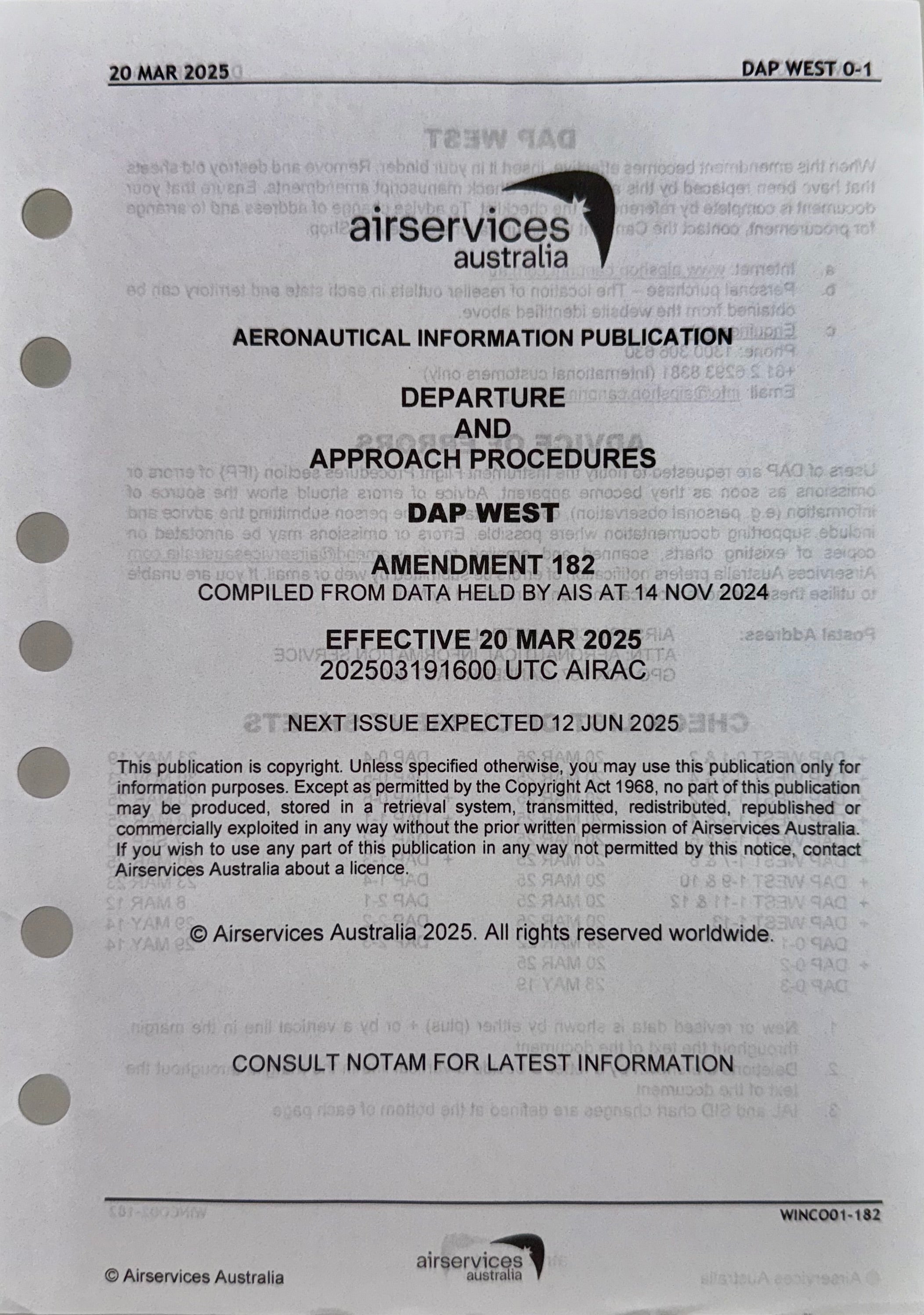 Aeronautical Information Publication DAP West Amendment 182